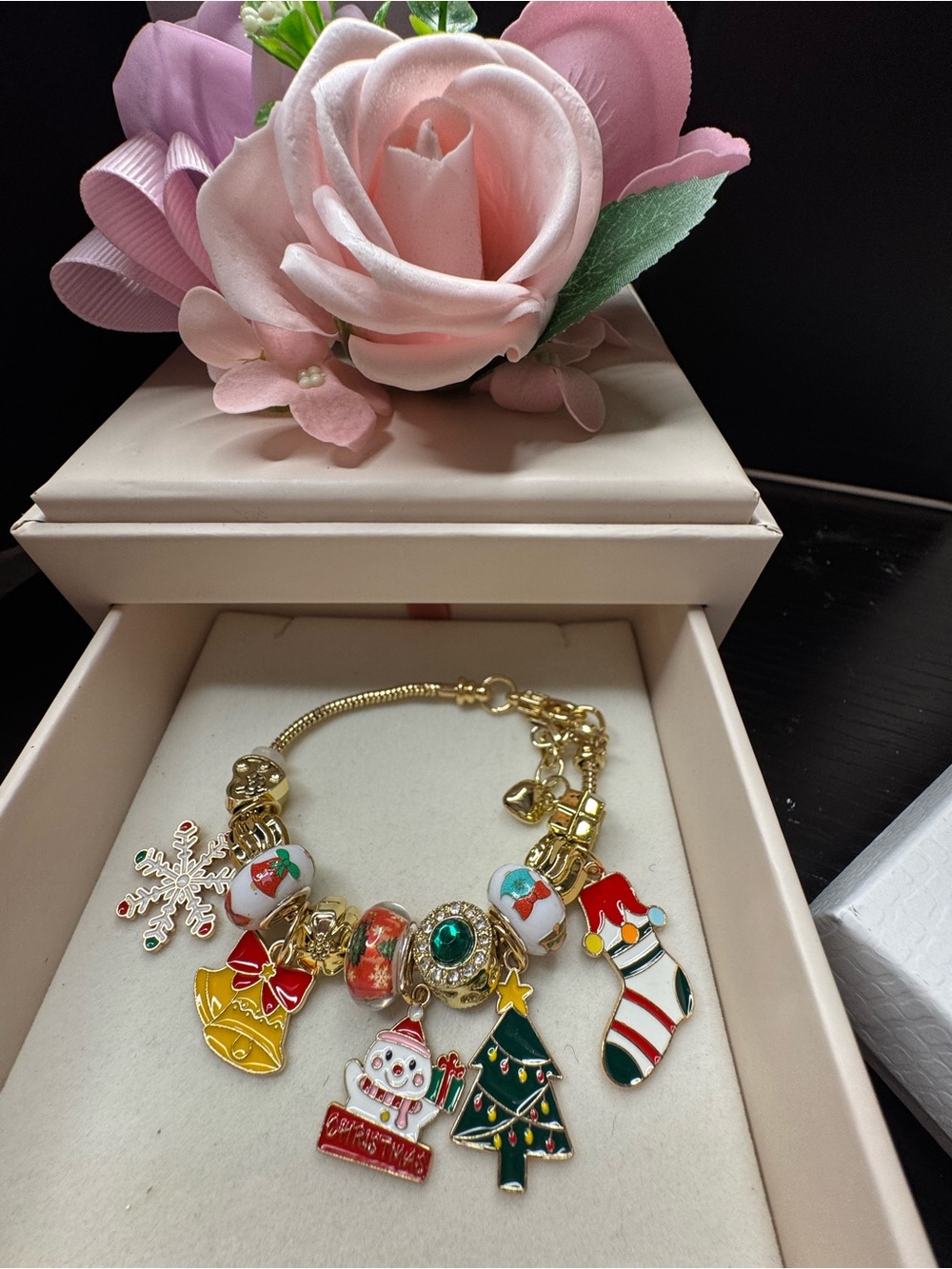 Gold-Tone Pink & Gold Holiday Charm Bracelet with Enamel Christmas Charms